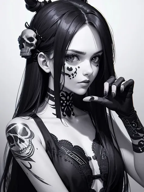 1 skull,Even though it looks like it&#39;s hand-drawn、Draw a skull with cool elements and a realistic feel。Adding a hand-drawn style approach to brush strokes and line work、At the same time, try expressing a style that makes the skull stand out with realis...