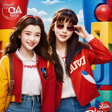 Disney Pixar Poster Two Girls 14 Years Old Left Girl Red Collared Jacket Winking Long Hair Right Girl Ocher Collar Black Jacket Winking Long Hair Center Parted Head Sunglasses