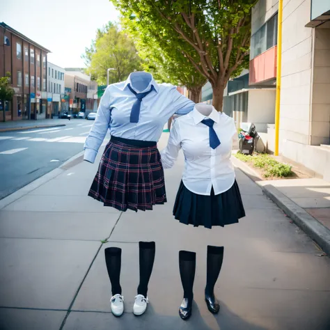 chubby, fat, white shirt, blue stripe tie, school tie, school uniform, plaid skirt, (from below,) (two girls are good friends), cute pose, (invisible, no humans, headless, faceless:1.5), cute big breasts, (8k, RAW photo, best quality, masterpiece:1.2), (re...