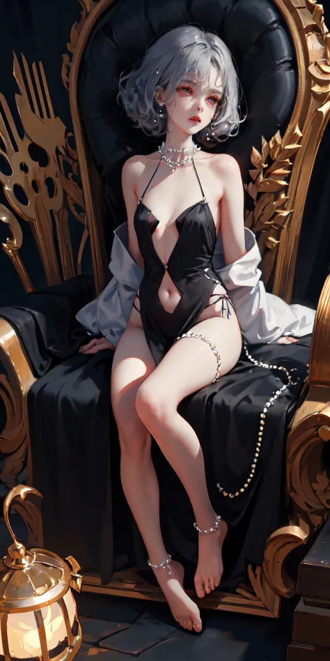 A girl in a dark scene，bit girl，Wearing jewelry and pearls around the neck，Hollow-out on，cleanness，curlies, small, Be red in the face, upper legs, Bare shoulders, 鎖骨, Willow waist, The barefoot，(tmasterpiece), Slim body，（（full bodyesbian））