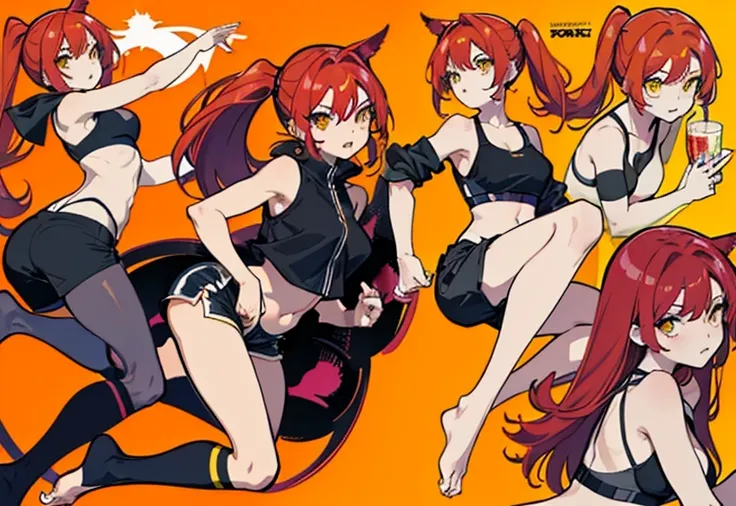 A beautiful young woman, reference sheet, character design, front angle, side angle, rear angle, dynamic poses, (masterpiece:1.2), (best quality:1.3), black shorts, sports bra, , (red hair), (yellow eyes), (pony tail), (long bangs), (vibrant eyes), barefoo...