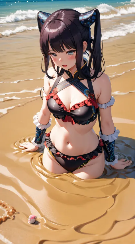 (best quality), 1 girl, ultra-detailed, illustration, yang guifei, beach, frilly bikini, (quicksand:1.4), upset, crying, (mostly...