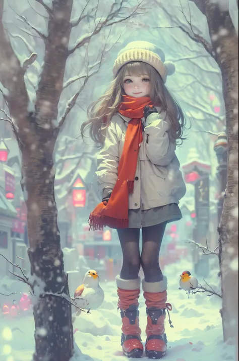 围巾, has cleavage, red neckchief, 1 sister, beanie, ssmile, bblurry, the face  red, mittens, pedestrians, boots, yuki, that tree,...