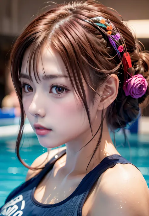 8K, of the highest quality, masutepiece:1.2), (Realistic, Photorealsitic:1.3), of the highest quality, masutepiece, Beautiful young woman, Pensive expression, Thoughtful look, Competitive swimmers、swim wears、Hair tied back, Cinematic background, Light skin...