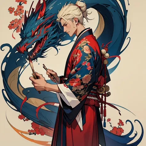 (masterpiece,High quality,Top quality,super detail, best quality ,)1man ,handsome,Face details,tall,skin details,Japan,Traditional Japanese costume, red and blue,Hd,full body,holding a paintbrush,artist,