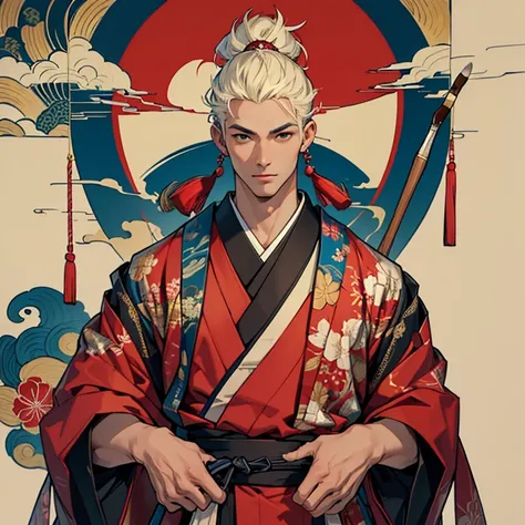 (masterpiece,High quality,Top quality,super detail, best quality ,)1man ,handsome,Face details,tall,skin details,Japan,Traditional Japanese costume, red and blue,Hd,full body,holding a paintbrush,artist,