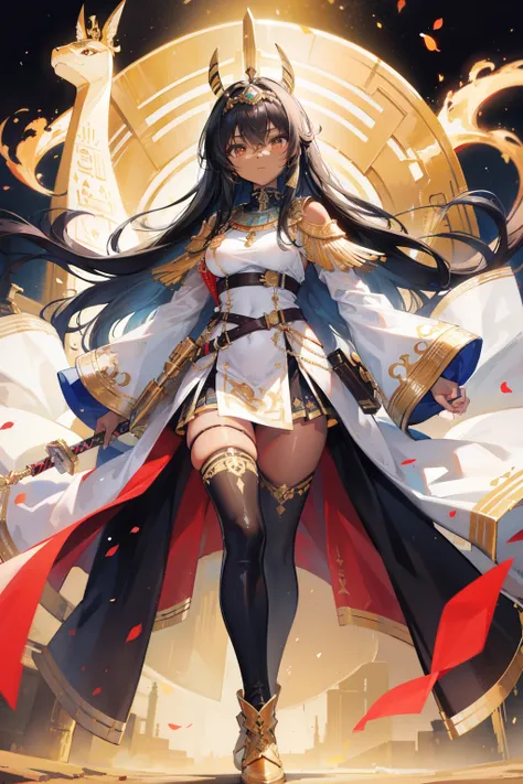 (masterpiece, best quality:1.2), illustration, 8k, hd, solo, 1girl, ((tan, dark skin)), egyptian girl, long hair, straight hair, black hair, golden diadem on head, wearing white Egyptian clothes, military uniform, golden palace, thigh highs, boots, medium ...