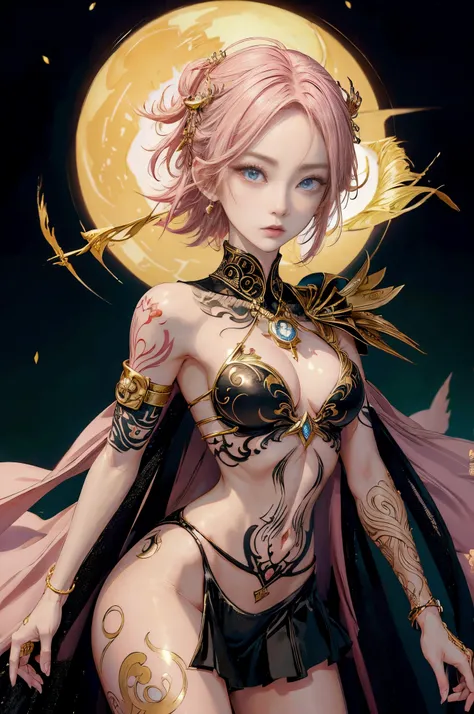 Anime girl with short pink hair and gold jewelry in front of black background, onmyoji detailed art, anime goddess, portrait onmyoji, Onmyoji, the goddess artemis smirking, goddess of the moon, intricate gorgeous anime CGI style, Beautiful fantasy empress,...