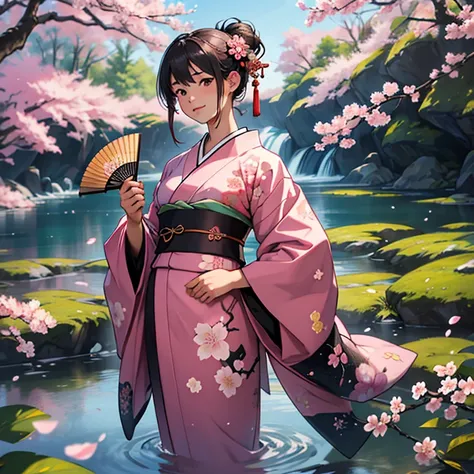 (masterpiece,High quality,Top quality,super detail, best quality ,)1 woman,15 years old,beautiful,kimono,Japan,Put on traditional Japanese clothes,cherry blossom,pink,holding a fan,Face details,Skin details,full body,Hd,