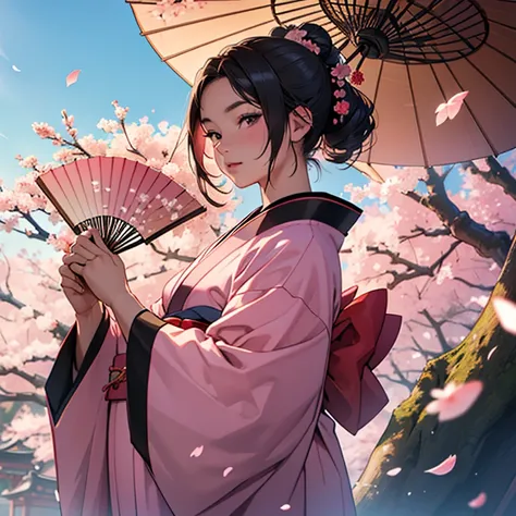 (masterpiece,High quality,Top quality,super detail, best quality ,)1 woman,15 years old,beautiful,kimono,Japan,Put on traditional Japanese clothes,cherry blossom,pink,holding a fan,Face details,Skin details,full body,Hd,