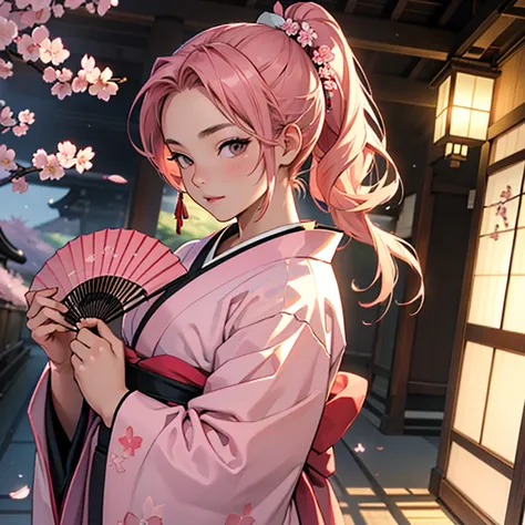 (masterpiece,High quality,Top quality,super detail, best quality ,)1 woman,15 years old,beautiful,kimono,Japan,Put on traditional Japanese clothes,cherry blossom,pink,holding a fan,Face details,Skin details,full body,Hd,