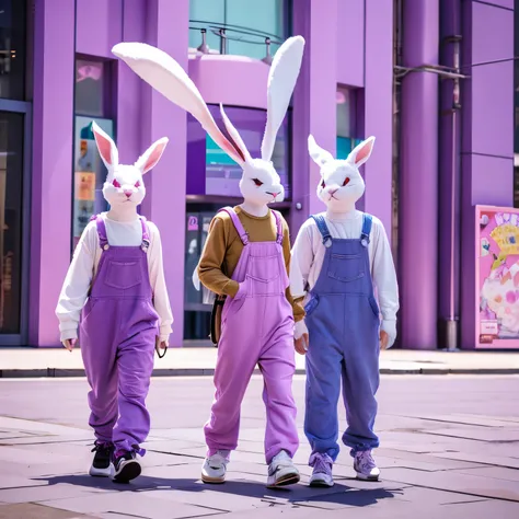 Outside the people　humanoid rabbit　purpleish color　pink overalls　cartoon picture