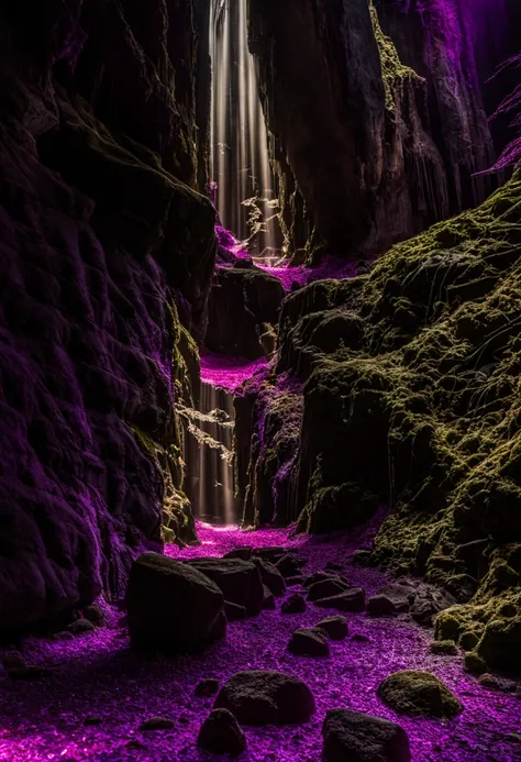 Glowing crystals grow on the walls of a dark cave, crystals glow with purple and pink neon light, crystals of varying sizes cover the walls and floor of the cave, in the ghostly neon light of the crystals, reflections from the shiny edges of the dark cryst...