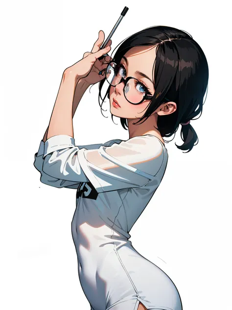 a close-up of a girl with (short, dark hair), wearing (big glasses) and a (big, white t-shirt); (((Best quality))) master piece vector illustration; anime character in sharp focus; detailed and vibrant anime face;  character design; beautiful and vibrant d...