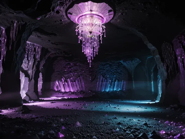 Glowing crystals grow on the walls of a dark cave, crystals glow with purple and pink neon light, crystals of different sizes cover the walls and floor of the cave, in the ghostly neon light of crystals, reflections from the shiny faces of dark crystals ar...