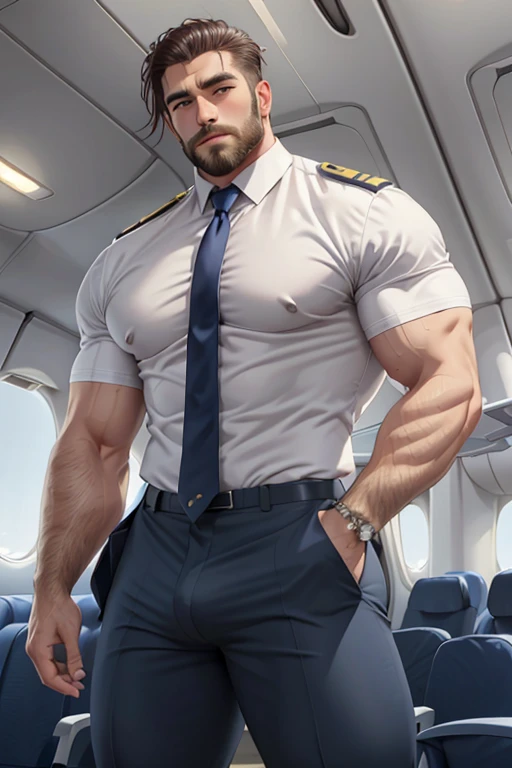 portrait, Hot pilot, airplane, formal shirt, tight trouser, tie, muscular, beefy, formal wear, tight clothes, fully clothed, hairy arms, beard, cute, full body, well built, intricate details