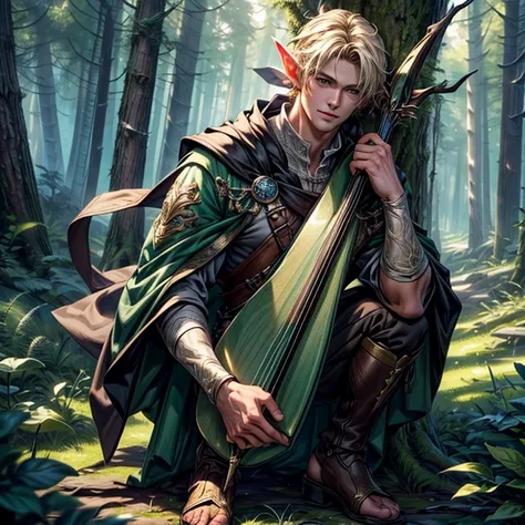 (masterpiece,High quality,Top quality,super detail, best quality ,)1 man,elf,holding a bow,Face details,handsome,skin details,full body,Hd,fantasy,The background is forest,