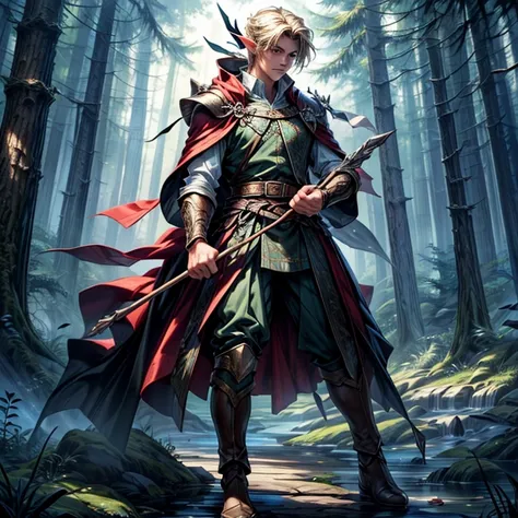 (masterpiece,High quality,Top quality,super detail, best quality ,)1 man,elf,holding a bow,Face details,handsome,skin details,full body,Hd,fantasy,The background is forest,