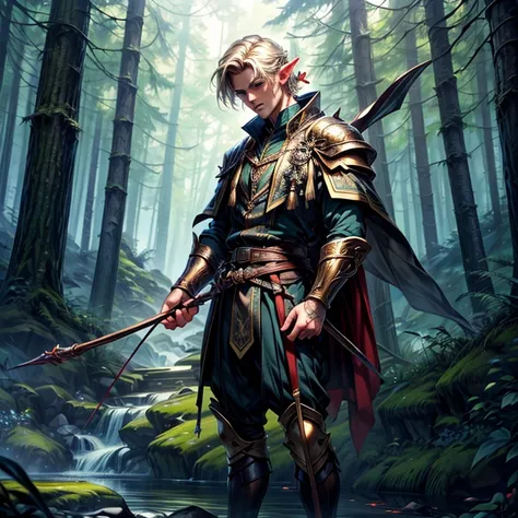 (masterpiece,High quality,Top quality,super detail, best quality ,)1 man,elf,holding a bow,Face details,handsome,skin details,full body,Hd,fantasy,The background is forest,