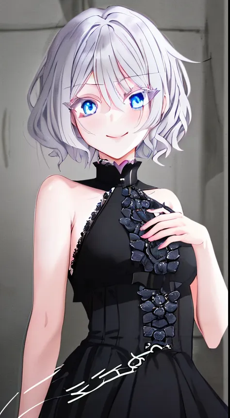 a girl silver hair, silver eyelashes, blue eyes in a goth black dress, anime girl wearing a goth black dress, 11 - year - old an...