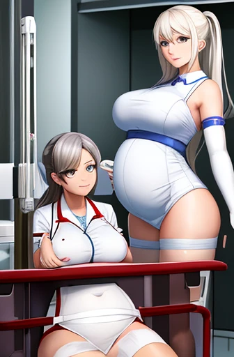 hospital, latex nurse suit,nurses,busty,elbow gloves,labcoat,silverhair woman, azure eyes , gigantic boobs ,medical instruments,asian nurse,two nurses,speculum,examination room,oversize boobs, ,big ass ,strap on, lay on table ,legs spreaded,giving birth,gy...