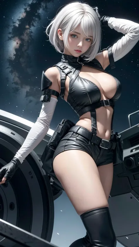 Lucy (ciberpunk), 1girl, arm up, asymmetrical hair, belt, Bodysuit, (large breasts:1.3), wide thighs, Covered mouth, covered navel, detached sleeves, gray eyes, Hip wind, looking a viewer, night time, night  sky, pouch, Short hair, skye, 独奏, white colored ...