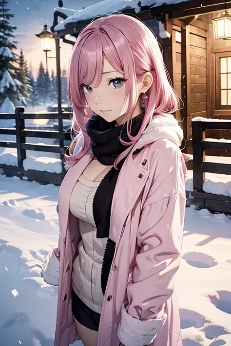 Best Quality, masutepiece, 超A high resolution,A sexy pink-haired woman with a painful expression in the cold of a snowy country、Complete winter clothing、Looking away