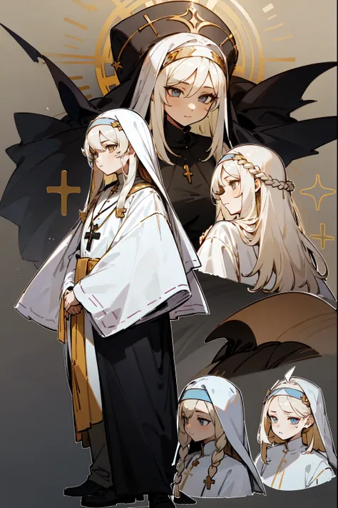 pious pope，sacrifices，Sacred costumes，lewd nun，crosses, golden, (tmasterpiece), Best quality, Expressive eyes,    a perfect face, (character sheets:1),character  design，Conceptual role，（The whole body  from head to toe）, Long white hair, Braided hair