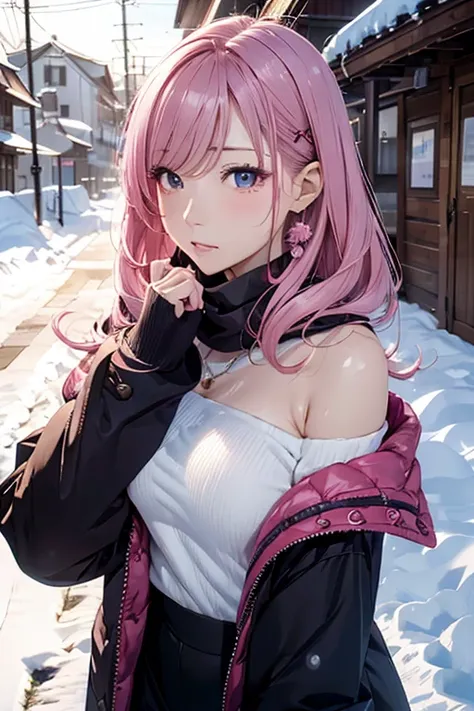 Best Quality, masutepiece, 超A high resolution,A sexy woman with a painful expression in the cold of a snowy country、pink sapphire hair、complete winter clothes、(Looking away)