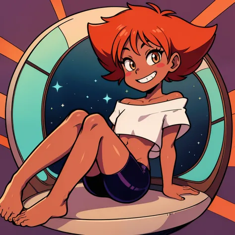 1girl, masterpiece, (detailed background), best quality, absurdres, eyelashes, eyeshadow, orange hair, tiny breasts, sitting legs crisscrossed, space ship, window showing space and stars, edward, solo, short hair, smile, barefoot, dark skin, dark-skinned f...