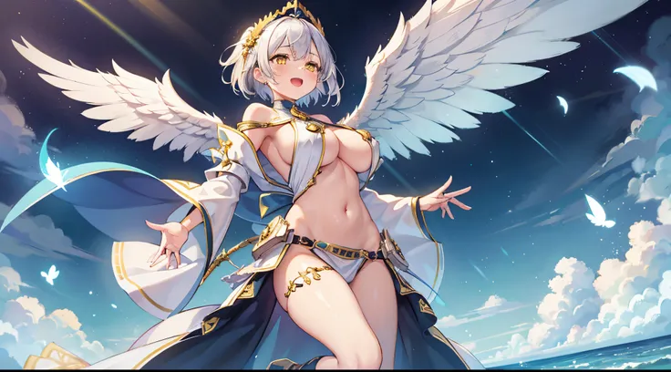 1 girl, game cg, priestess clothes, yellow, angel wings, sideboob, under boob, belly button visible, thighs, loincloth, gigantic breasts, silver hair, short hair, french braid, yellow eyes, smile, open mouth, magic attack, Rays of light, simple background,...