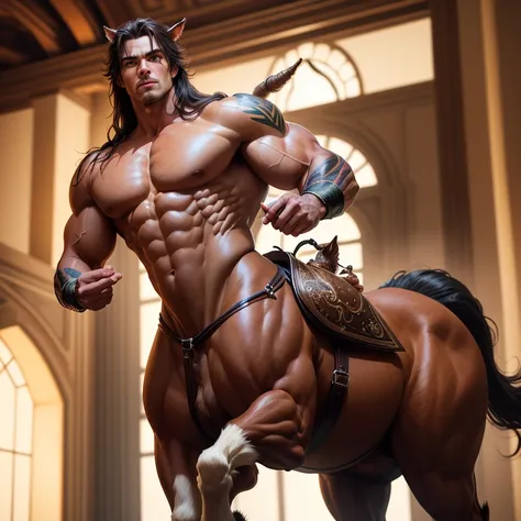 (masterpiece,High quality,Top quality,super detail, best quality ,)one man,(((centaur))),handsome,muscle,Six pack, strong body,Face details,skin details,full body, fantasy,