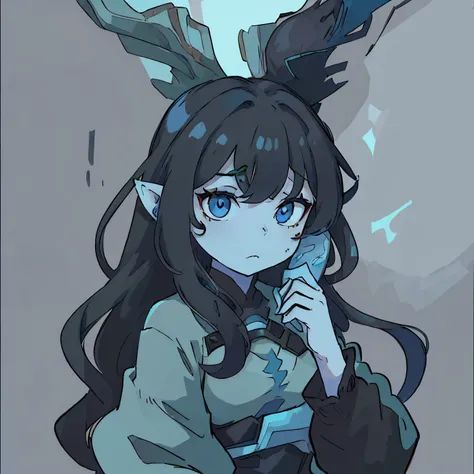 Humanoid female with Blueish skin ,eyes green in color. Black long wavy hair. Fin ears