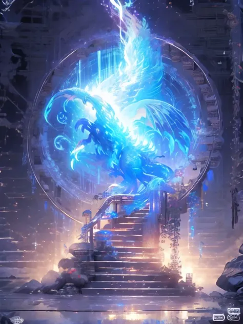 A portal in the shape of a Phoenix and the essence of  spirit dragons coming from it