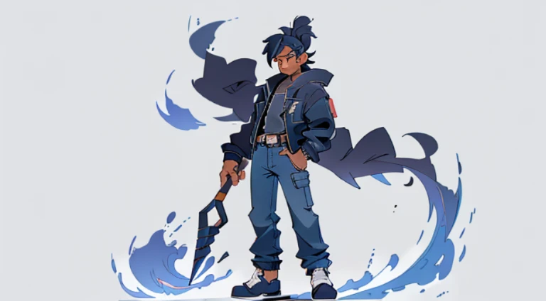 black color hair，Wears a headband on his head，Darker skin，petty eyes，large ear，Blue denim jacket，Black pantsuit，Wear a belt，With a shovel in his hand，high qulity