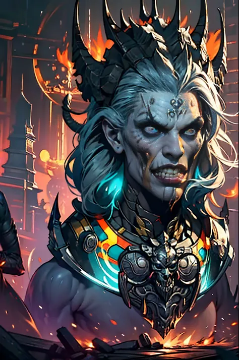 Standing in a cave，D14bl0 male necromancer, Detailed background depth of field,((Detailed faces)),((The eyes glow blue))，Tall figure，Long white hair,detailed back ground，Red-eyed，Stand at the highest part of the city，Observe the city，Under the demon army，E...