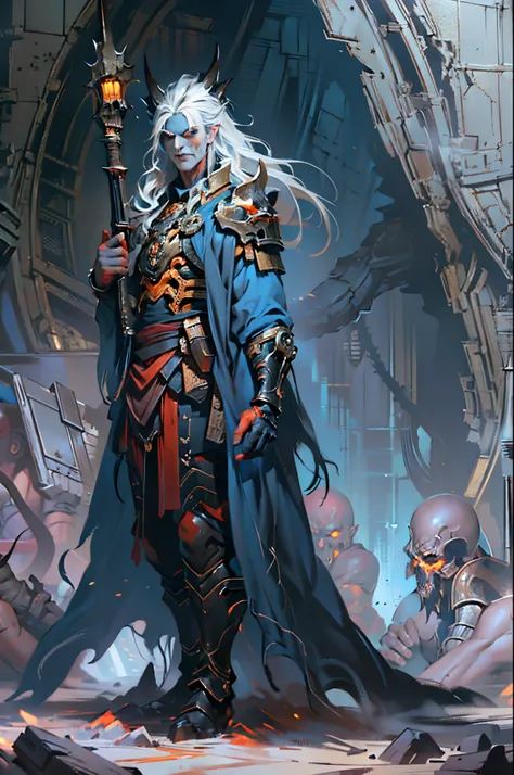 Standing in a cave，D14bl0 male necromancer, Detailed background depth of field,((Detailed faces)),((The eyes glow blue))，Tall figure，Long white hair,detailed back ground，Red-eyed，Stand at the highest part of the city，Observe the city，Under the demon army，E...