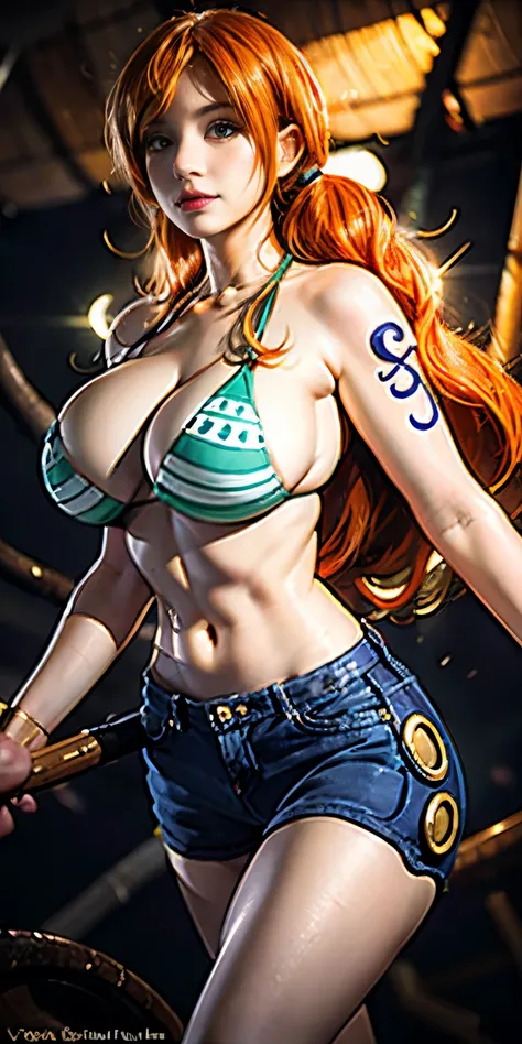 1 Girl Nami One Piece,17 age、poneyTail、Beautie、large boob,Orange hair,Yellow eyes,hight resolution,A hyper-realistic, Ultra Detail