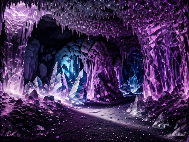 glowing crystals grow on the walls of a dark cave., crystals glow with purple and pink neon light, crystals of different sizes c...