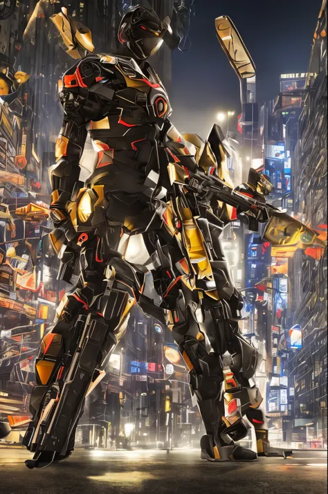 futuristic armored black robot cyborg cyber armor with futuristic assault rifle, posing in front of futuristic black bike on Tokyo, night scene --auto --s2