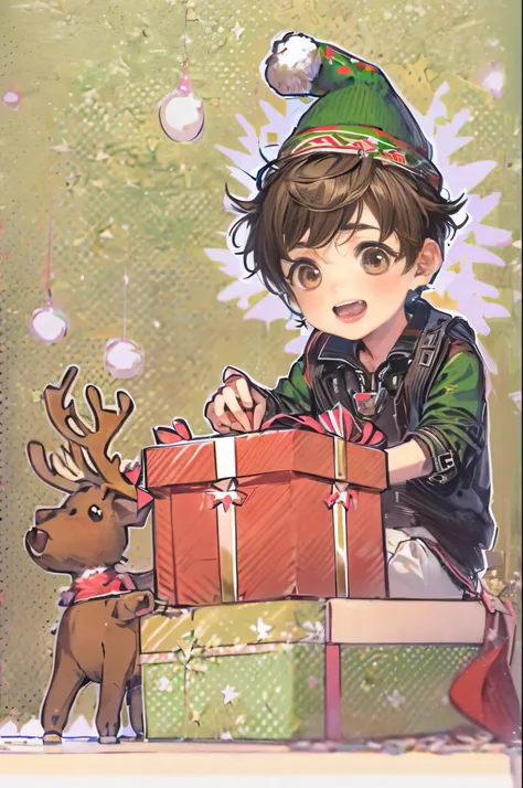 1boy, male focus, gift, hat, male child, solo, christmas, brown eyes, antlers, santa hat, gift box, black hair, box, reindeer an...