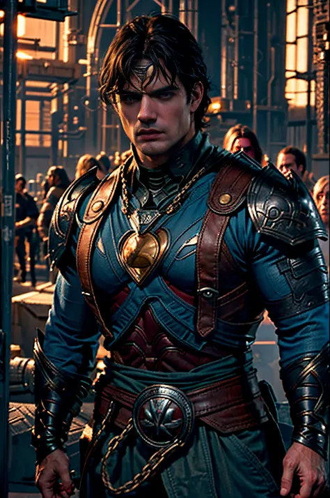 Draw a superhero in the style of D14bl0, Henry Cavill as Superman, 40s year old, All blue and red detail set, karate, Big red S symbol on chest, redcloak, Cover the hair on your forehead, short detailed hair, tidy hair, tall, Masculinity, Stout body, ((Mus...