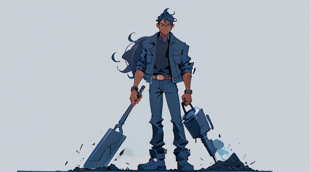 black color hair，，Darker skin，petty eyes，large ear，Blue denim jacket，Wearing black short sleeves under the coat，Black pantsuit，Wear a belt，Black leather shoes，Standing posture，With a shovel in his hand，high qulity