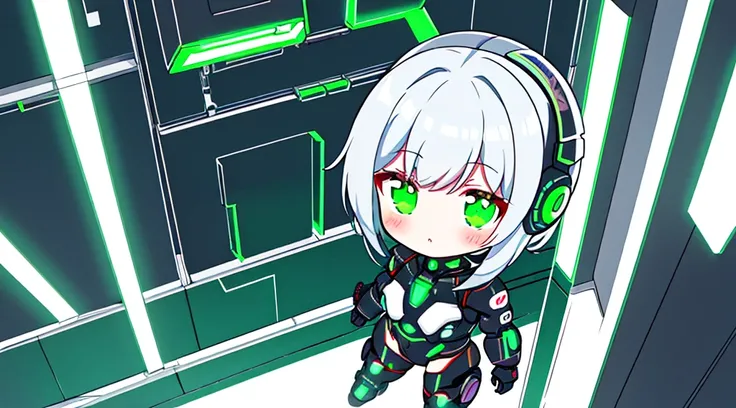 (From directly above、Overhead view)cybersuit, Cyberpunk anime girl mecha, cyborg - girl with silver hair, Cyborg girl, 动漫赛博朋克艺术, Perfect Anime Cyborg Woman,  digital cyberpunk anime works、background green neon light.、detailed cyberspace、Angle directly abov...