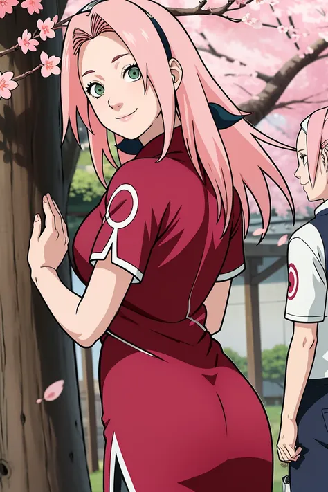 巨作， best quality at best， 1girll， sakura haruno， medium breasts, smile，with pink hair， long hair waiter， （green eyeballs:1.4)， f...