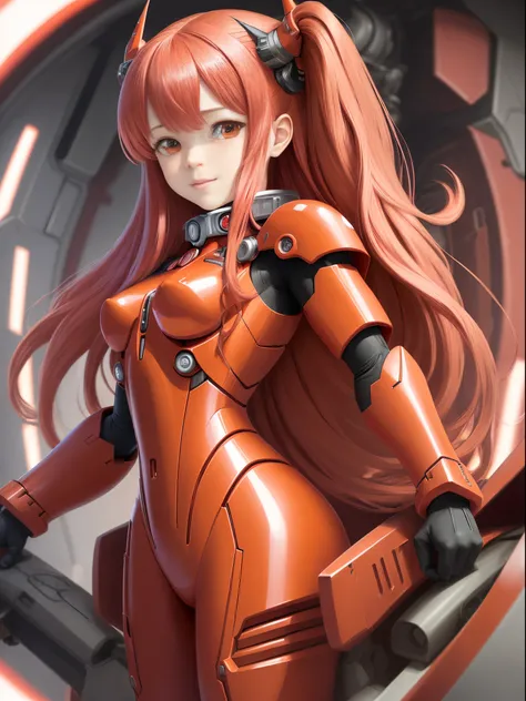 (best quality,ultra-detailed,illustration:1.2),anime, woman,red anime pilot plug suit,long pink hair with fringe,two very tiny red horns,mecha pilot,merger of evangelion and pacific rim