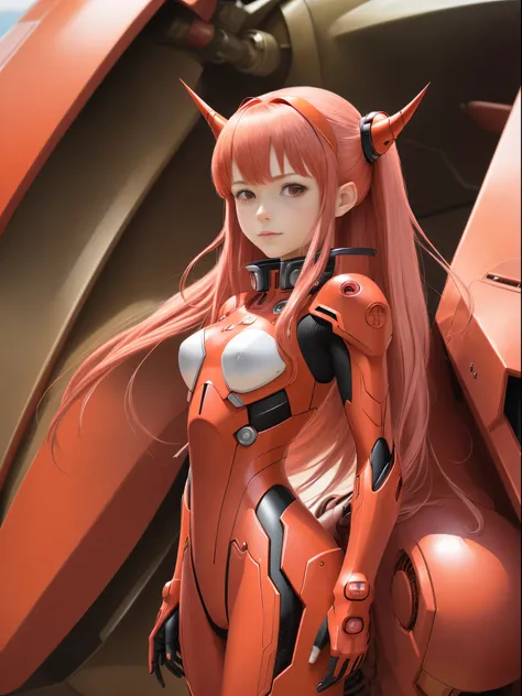 (best quality,ultra-detailed,illustration:1.2),anime, woman,red anime pilot plug suit,long pink hair with fringe,two very tiny red horns,mecha pilot,merger of evangelion and pacific rim