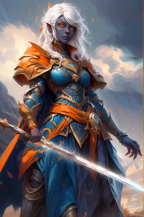 fantasy art, dnd art, RPG art, drkfntasy wide shot, (masterpiece:1.3), full body intense details, highly detailed, photorealistic, best quality, highres, portrait a vedalken female (fantasy art, Masterpiece, best quality: 1.3) (dark blue colored skin: 1.3)...