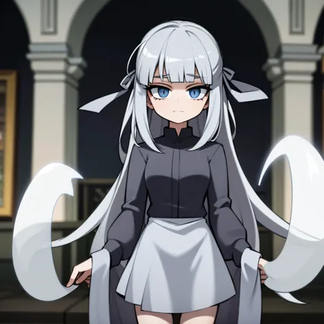 Ghost looking girl with grey blue hair and eyes