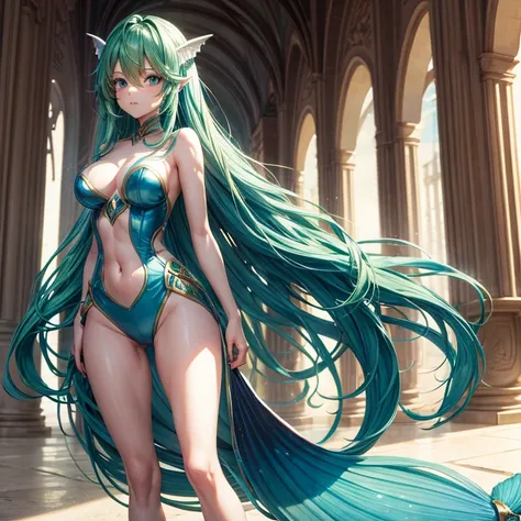 Blue mermaid female with legs ,green long wavy hair. Standing up